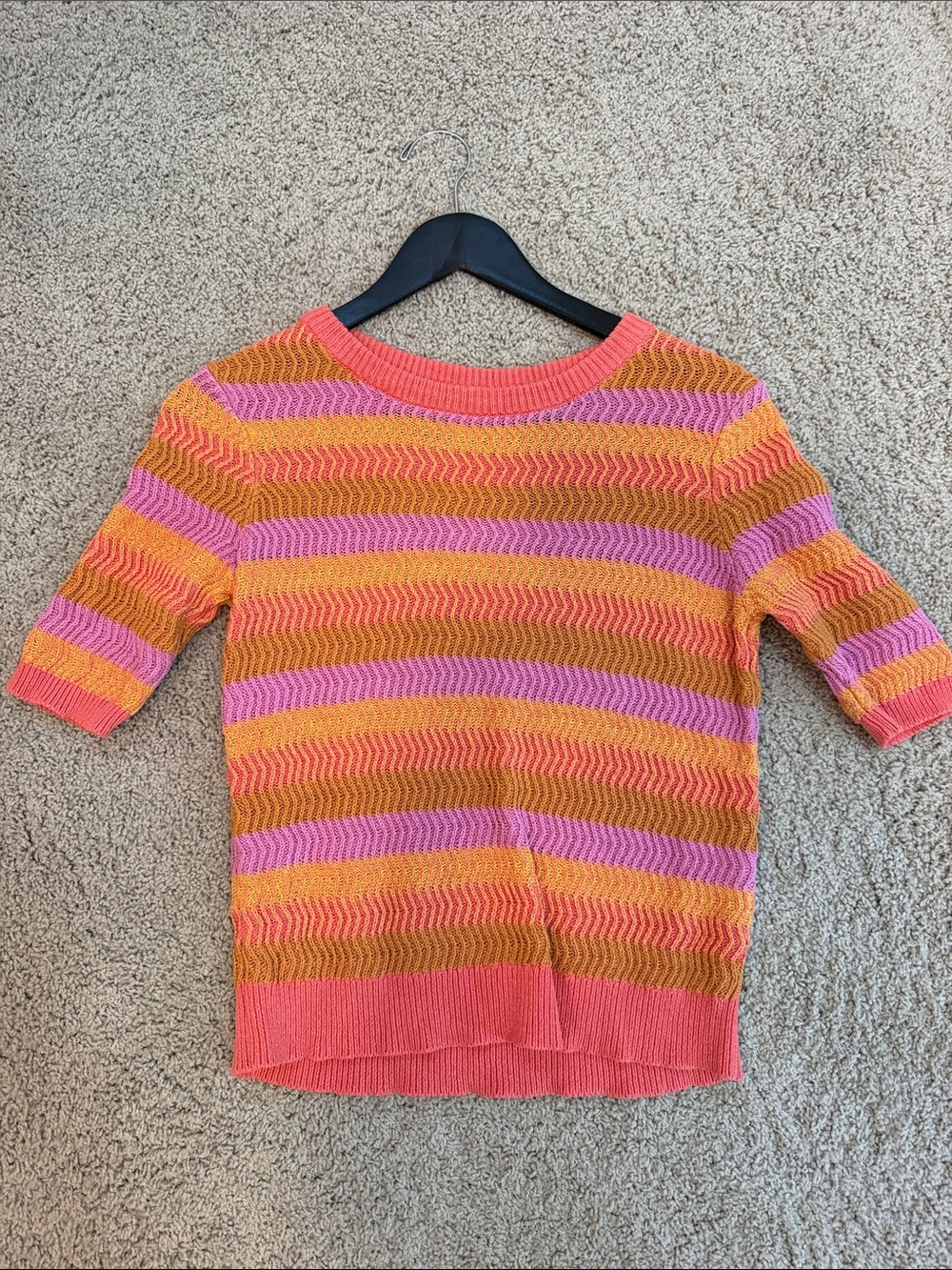 Striped Short-Sleeve Sweater - Coral, Pink & Mustard